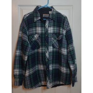 Vintage 90s Threads Unlimited Green White Plaid Flannel Shacket Grunge Size L